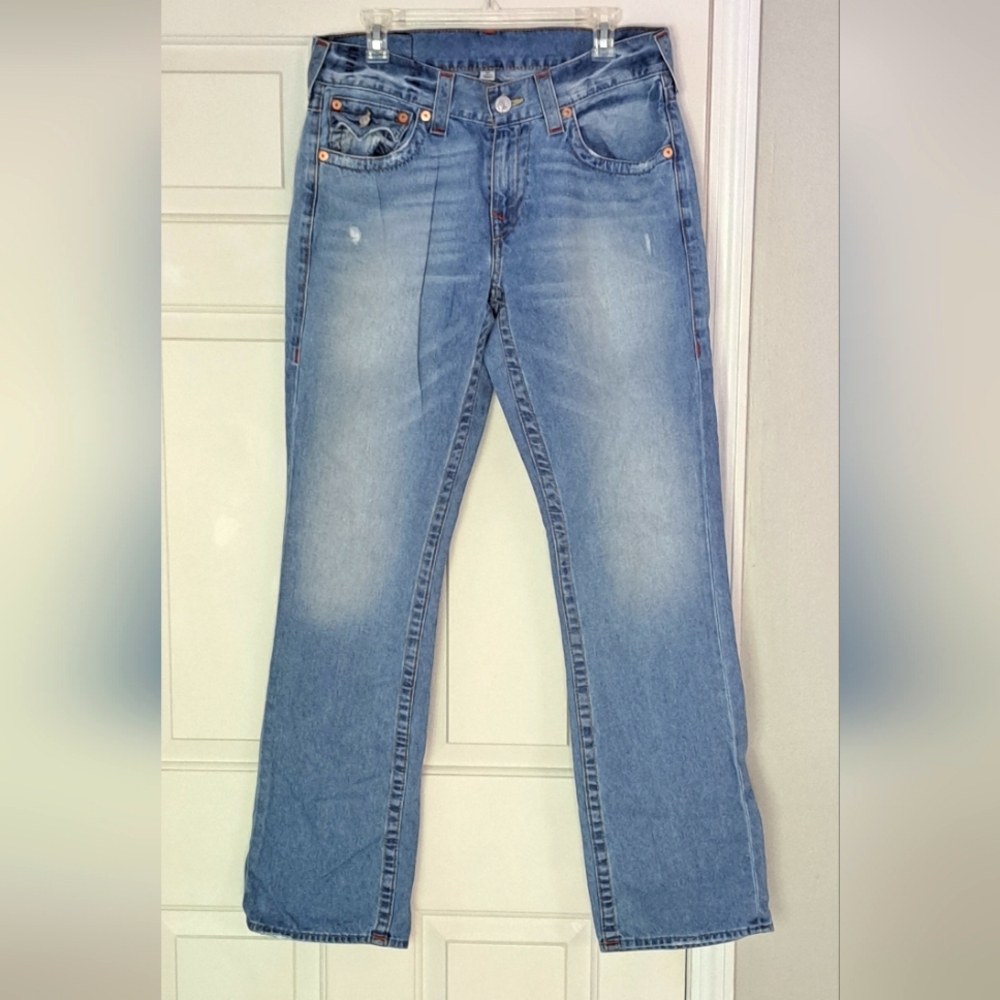 True Religion Mens Flap Light Wash Straight Leg 100% Cotton Jeans. Size 32.